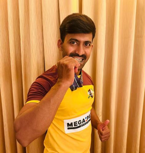 Madhusudhan Gowda with the International Masters League 2025 Runners Up medal won by the West Indian Masters.