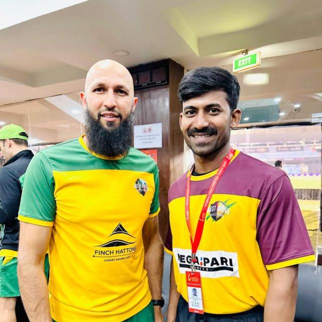 Madhusudhan Gowda with former South African cricketer Hashim Amla at the International Masters League 2025