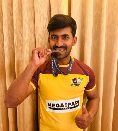 Madhusudhan Gowda with the International Masters League 2025 Runners Up medal won by the West Indian Masters.