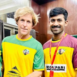 Madhusudhan Gowda with former South African cricketer Jhonty Rhodes at the International Masters League 2025