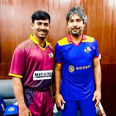 Madhusudhan Gowda with former Sri Lankan cricketer Kumar Sangakara at the International Masters League 2025